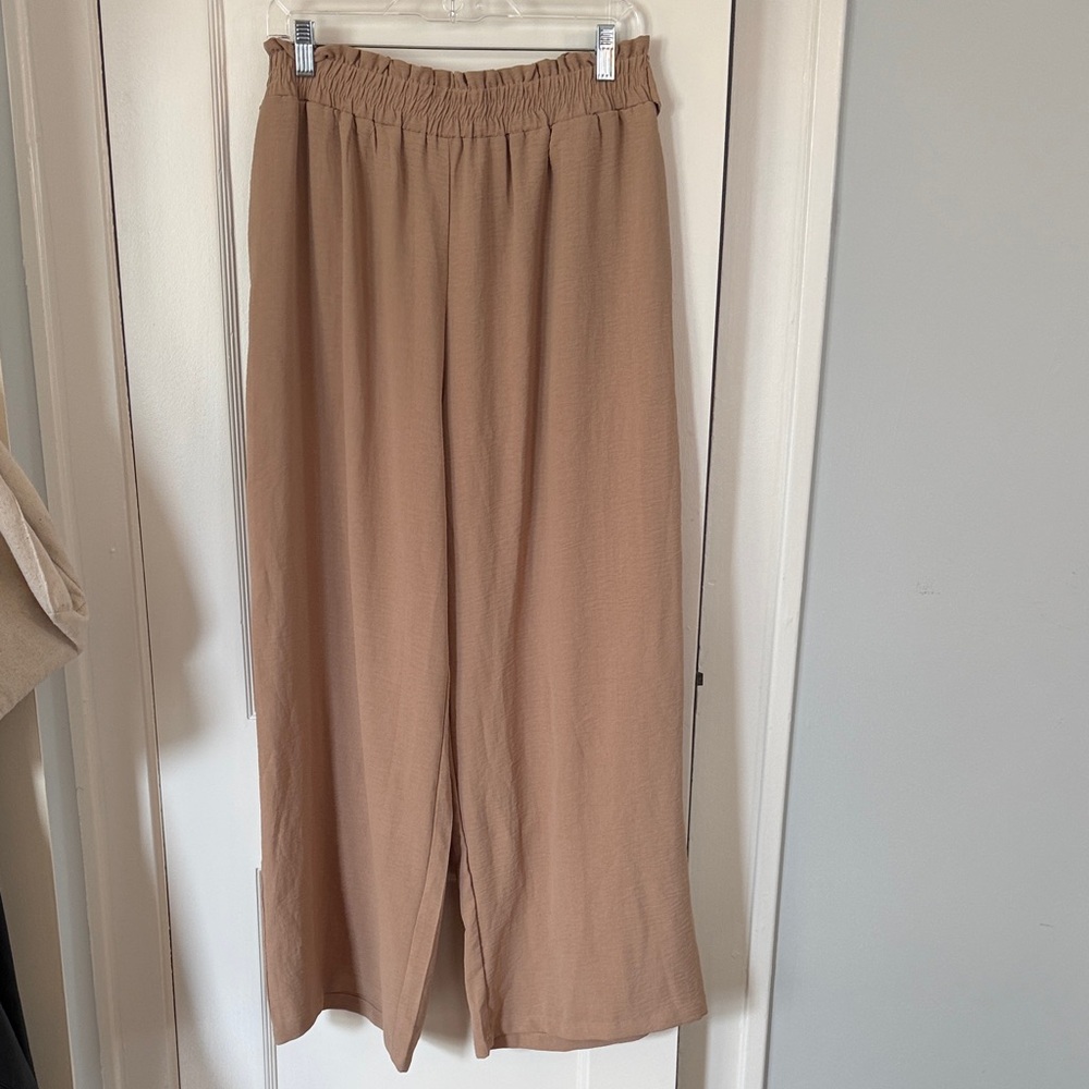 Tan Wide-Leg Pants with Tie Waist - Picture 4 of 5